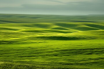 Obraz premium A bird's-eye view of the Palouse, with rolling green hills and golden wheat fields stretching to the horizon. Beautiful simple AI generated image in 4K, unique.