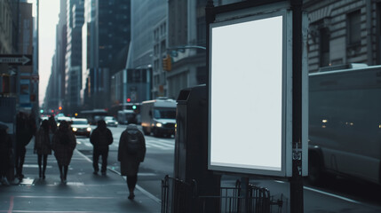 Blank white billboard in the evening urban setting with skyscrapers. Mockup. Area for text.