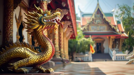 Fototapeta premium A majestic golden dragon statue stands guard outside an ornate temple, exuding power and tradition amidst the lush greenery.