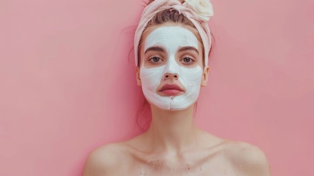 A person wearing a face mask and a towel headband stands against a pink background, projecting a moment of self-care and relaxation.