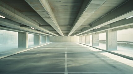 Obraz premium An empty, multi-level parking garage with concrete pillars and beams, bathed in soft daylight creating an abstract, almost minimalist geometric pattern.