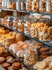 Variety of cookies and biscuits in glass jars on a bakery shelf.