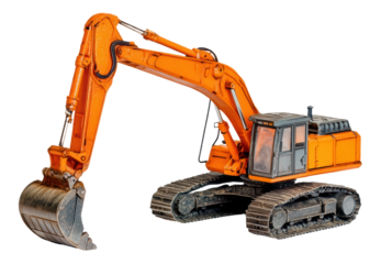 Orange excavator working at a construction site during daylight hours, cut out - stock png.