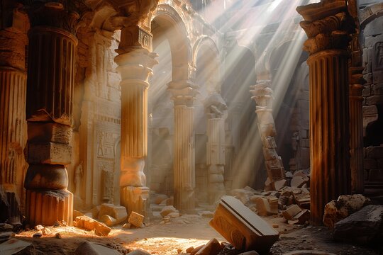 An ancient ruins bathed in soft morning light, rays streaming through broken columns and arches, highlighting intricate carvings and creating a sense of mystery and history