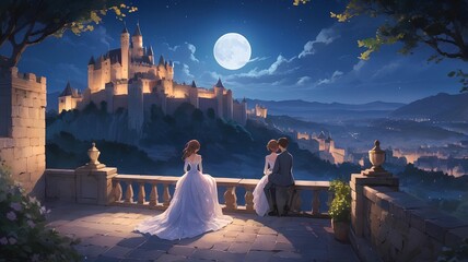 Romantic Anime Illustrations: Couples Enjoying Moonlit European Cityscapes and Cozy Moments