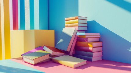 Numerous colorful books arranged neatly on a pastel-hued surface under soft daylight, invoking a feel of organized knowledge and academic charm.