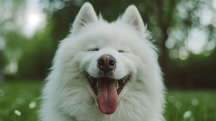 Obraz premium A fluffy white dog with its tongue out, enjoying a beautiful day in a lush green park, radiating joy and contentment amid blooming flora.