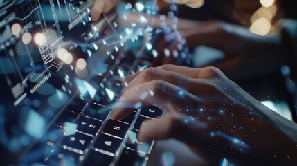 Fingers typing on a keyboard with digital graphics overlay, representing a fusion of human interaction and technology in a dynamic way.