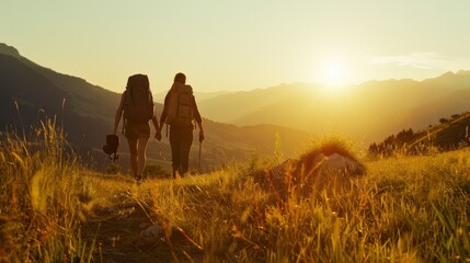 Two hikers holding hands walk towards a stunning mountain sunset, epitomizing adventure, companionship, and the beauty of nature.