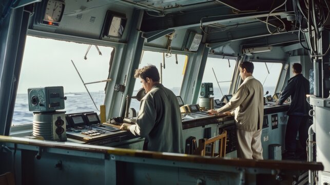 Inside a ship's control room, three crew members diligently monitor navigation systems, capturing a moment of maritime operations.
