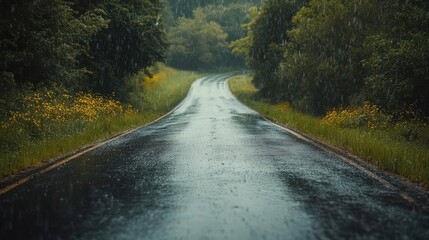 Fototapeta premium 8K Realistic A serene and crisp photo of a rural road disappearing into the distance under a steady rainfall.