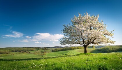 single blossoming tree in spring on rural meadow