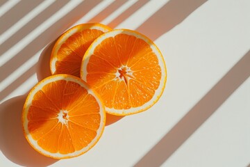 Close-up of fresh orange slices spread out on a white table, creating a bright and refreshing background. Beautiful simple AI generated image in 4K, unique.