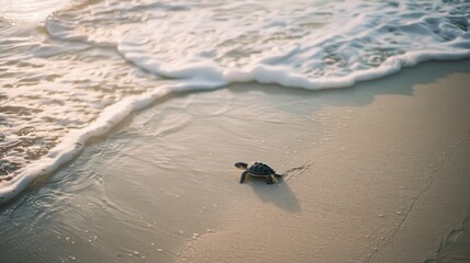 A tiny sea turtle makes its way toward the ocean along a sandy beach, captured in a timeless moment of nature's determination and resilience.
