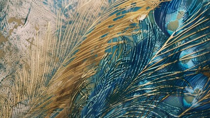 An abstract artwork featuring elegant golden and blue feather-like patterns swirling together, creating a vibrant and dynamic visual.