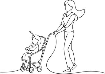 Mother Pushing Child In Stroller Outline Drawing Illustration