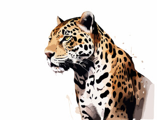 Fototapeta premium A majestic jaguar in rich golden and black tones prowling through the jungle, simple watercolor illustration isolated on a white background