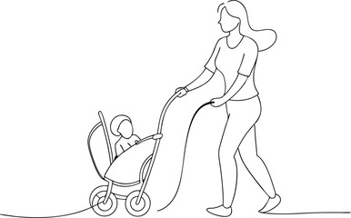Sketch of Mother Walking with Baby in Stroller