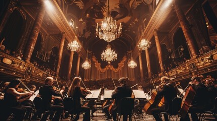 A majestic symphony orchestra performs in an opulent, gold-accented concert hall, illuminated by grand chandeliers and captivated by a reverent audience.