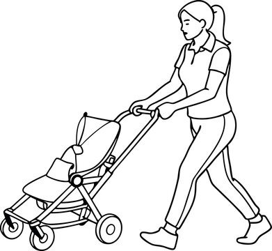 recommend clip art: Mother Walking with Baby Stroller in Line Art