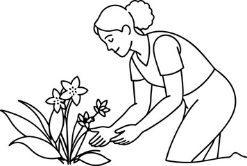 Woman Gardening and Taking Care of Flowers Line Art