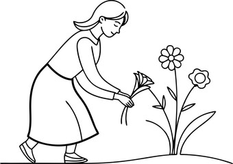 Woman Picking Flowers in Garden Illustration
