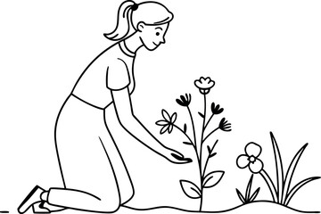 Woman Gardening and Caring for Plants Line Art Illustration