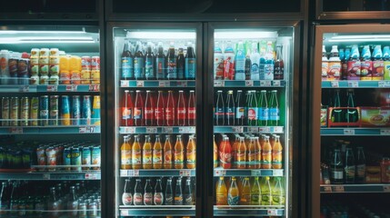 Colorful soft drinks neatly arranged in a refrigerator at a store, showcasing a variety of refreshing beverage options.