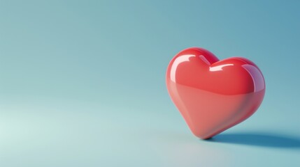A glossy, red heart is slightly tilted against a smooth light blue background, conveying a sense of love and simplicity.