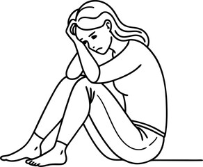 Sad Woman Sitting Alone Depressed Emotional Black and White Illustration
