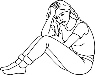 Sad Woman Sitting Alone Holding Head In Hands Line Art Drawing