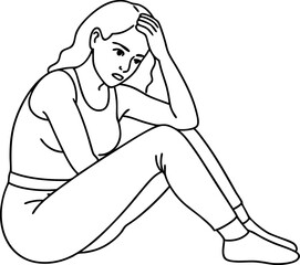Line Art of Woman Sitting and Looking Stressed