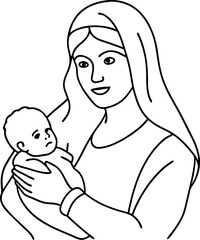 Mother Holding Baby - Line Art Illustration