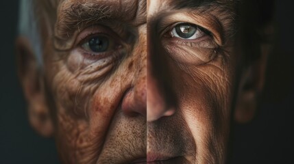Obraz premium Stark juxtaposition of an elderly and younger face, highlighting the passage of time with intricate details of aging and youth.
