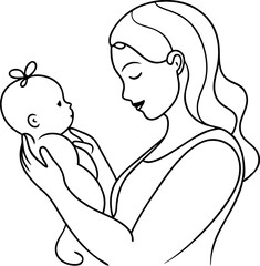 Mother Holding Baby in Her Arms Black and White Line Art