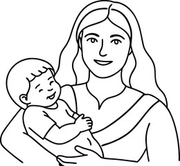 Happy Mother Holding Baby Line Drawing Illustration