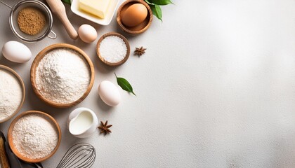 baking background ingredients flour sugar eggs and others at light stone table top view with copy space