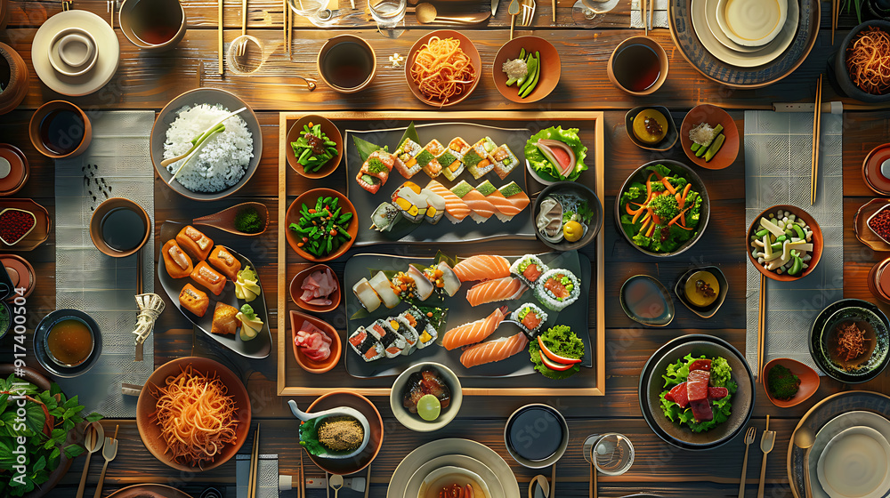 Wall mural japanese restaurant dinner table spread in top-down view, array of beautifully plated sushi, sashimi