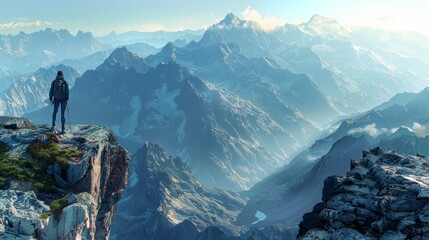 Obraz premium Hiker standing on rocky edge overlooking vast mountain range at sunrise
