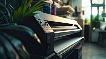 An industrial-sized printer in a modern workspace surrounded by foliage, blending technology with greenery for an eco-friendly office environment.