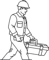 Construction Worker Carrying Toolbox Line Drawing Illustration