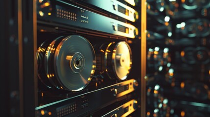 Close-up of server racks with spinning disks in a data center, highlighting the precision and technological complexity of modern information storage.