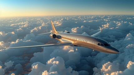 Fototapeta premium Passenger jet soaring above fluffy clouds during sunset