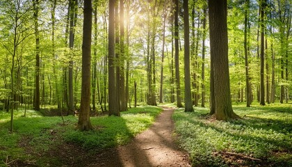 panorama of footpath through sunny natural green forest in spring