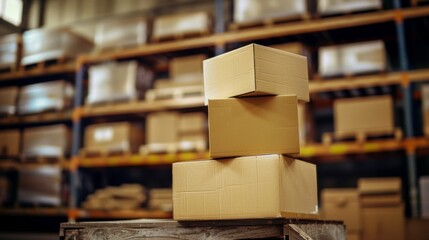Obraz premium Three cardboard boxes stacked in a warehouse, symbolizing organization, logistics, and the everyday process of shipping and storage.