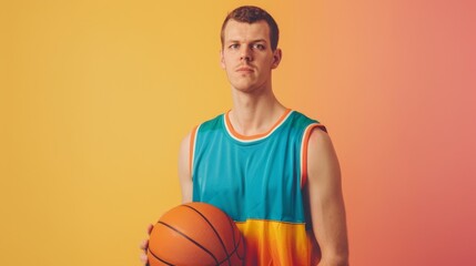 A tall basketball player in a brightly colored jersey stands with a basketball in hand, set against a gradient backdrop, exuding confidence and determination.