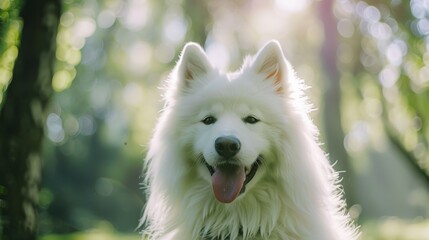 A beautiful white dog with elegant fur, sitting in a sunlit park, exuding calmness and happiness, surrounded by vibrant green trees.
