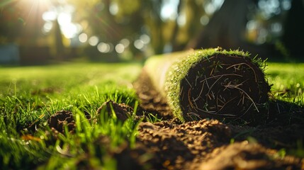 A fresh lawn roll in the process of being laid out on a landscaped yard under the warm sunlight, depicting growth and renewal.