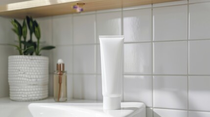 Fototapeta premium A minimalist bathroom counter with a white tube of skincare product, potted plant, and elegant decor, bathed in natural light.