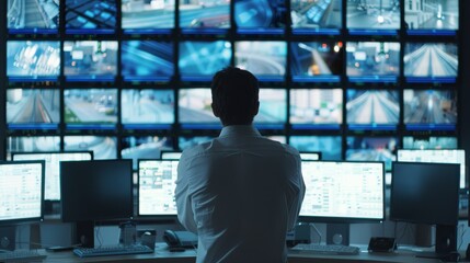 Fototapeta premium A lone person monitors multiple security screens in a high-tech surveillance control room, highlighting a scene of vigilance and technology.